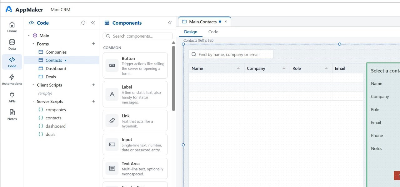 The AppMaker Designer with the Contacts form open, the component palette on the left and the property inspector on the right